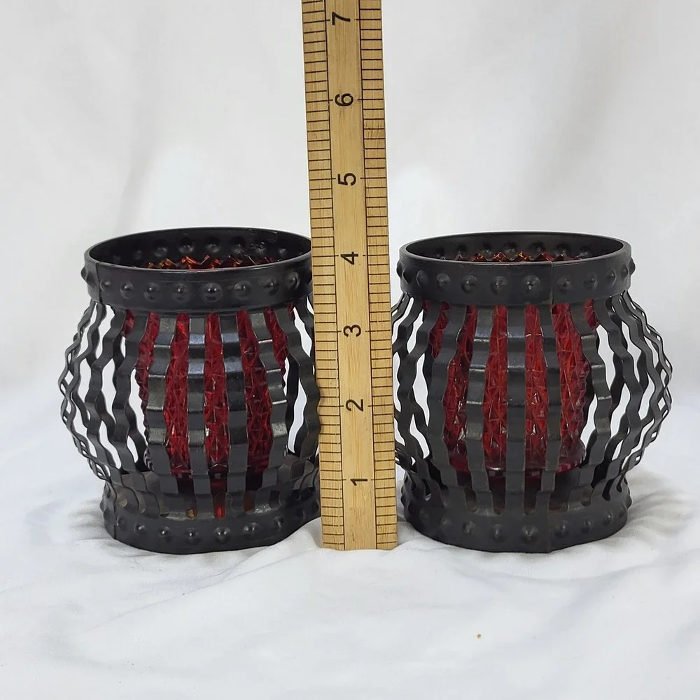 Vintage Ruby Red Diamond Point Glass Peg Votive Candle Holders Metal Cage Set 2